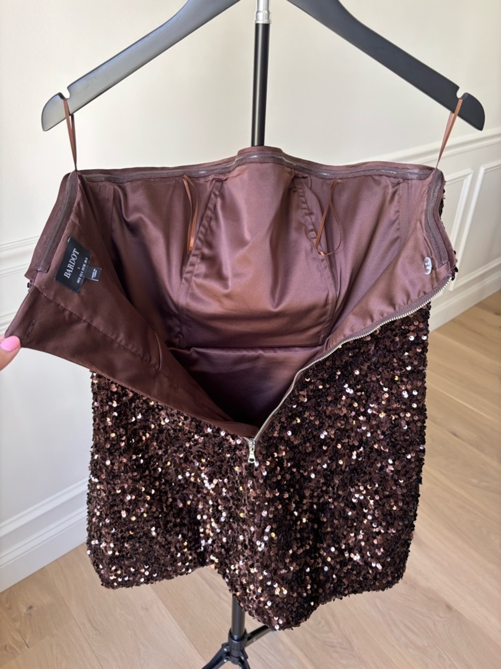 BARDOT Strapless Dark Brown Sequin Mini Dress - Picture 8 of 8